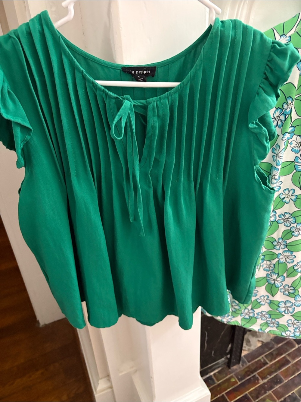 Blu Pepper Green Pleated Tie-Front Ruffle Sleeve Blouse. Crop